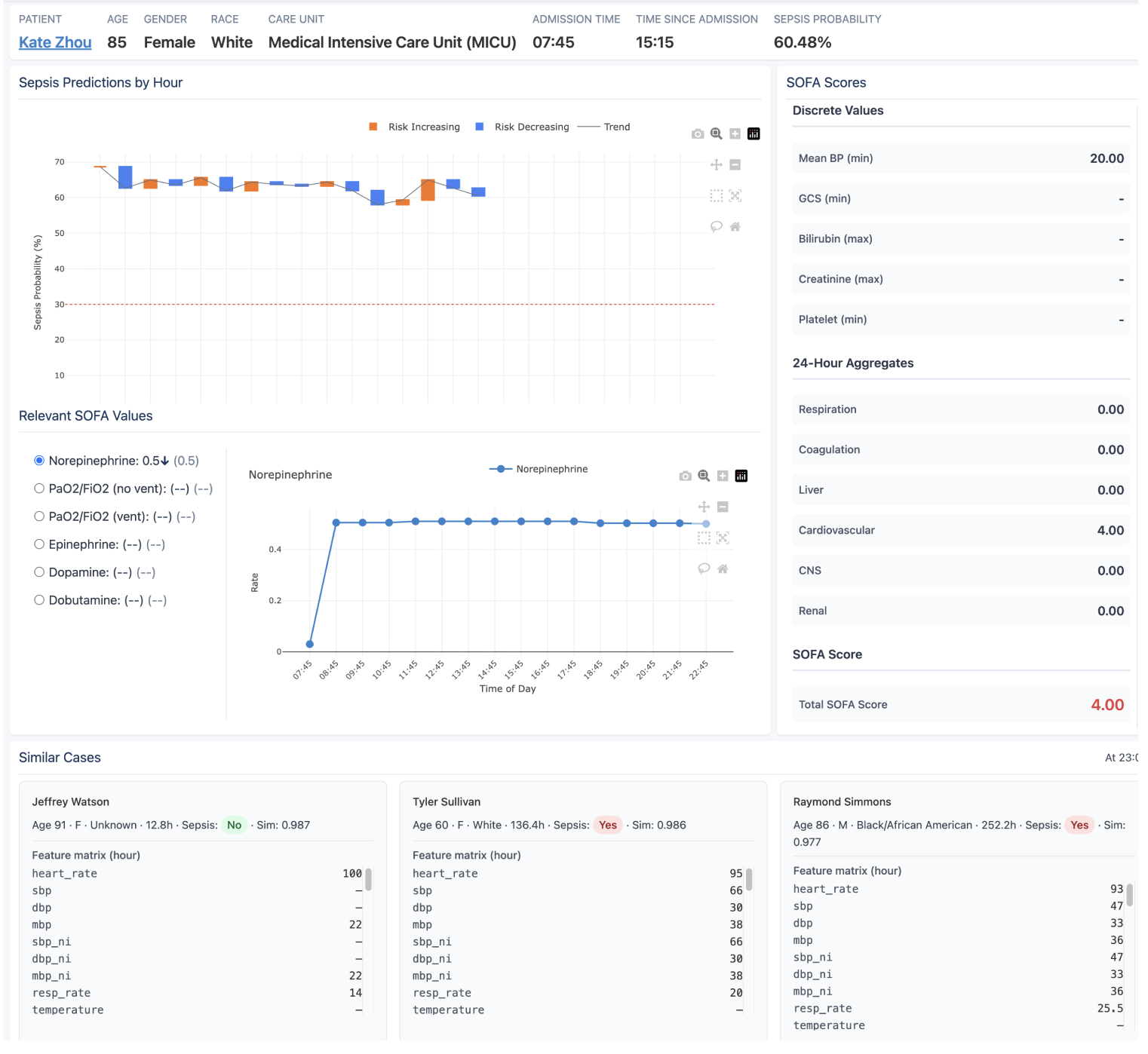Prediction view with sepsis probability and feature context